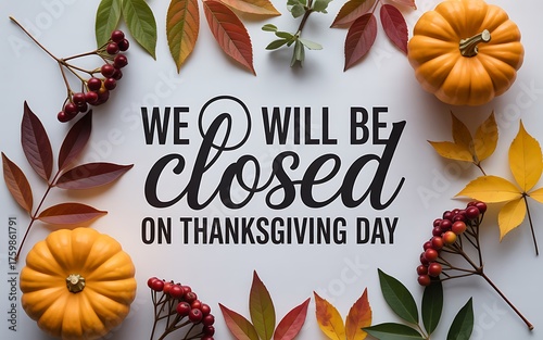 Thanksgiving day closed sign with pumpkins and autumn leaves isolated on white background