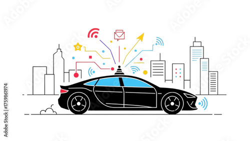 Minimal Colorful Black Line Art of Autonomous Car – Driverless Vehicle with AI Navigation, Smart Traffic, and Connected Transport System