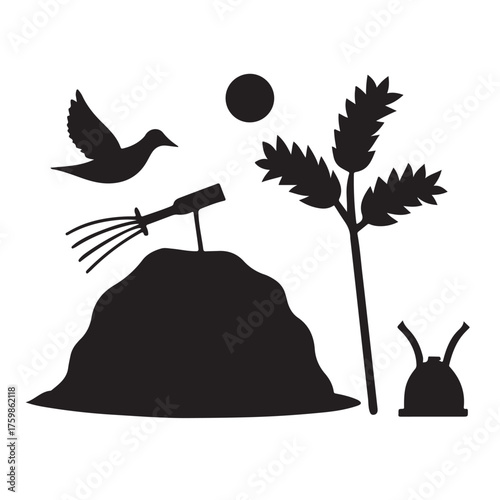 Silhouette of a bird flying over a haystack with a plant and rabbit