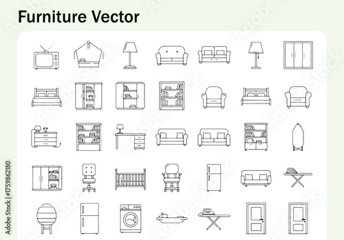 Collection of minimalist furniture icons for interior design. Linear duotone simple icons collection. Home furniture outline icons set: sofa, lamp, tv, rug, remote, pillows, side table