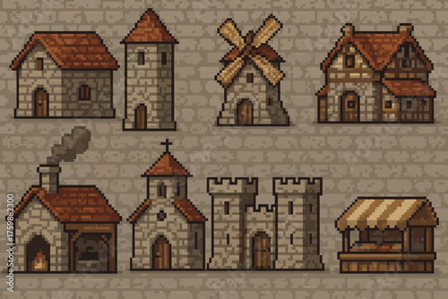 Charming medieval buildings in pixel art style on stone texture background