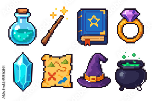 Magical pixel art set: potions, spellbook, wand, crystal, map, wizard hat, cauldron, ring