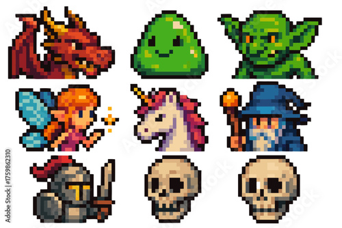 Pixel art fantasy characters collection featuring monsters and heroes