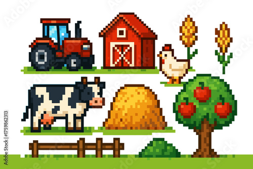 Pixel art farm scene with barn, tractor, and animals