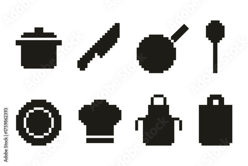 Minimalist pixel icons of kitchenware and cooking essentials in monochrome style