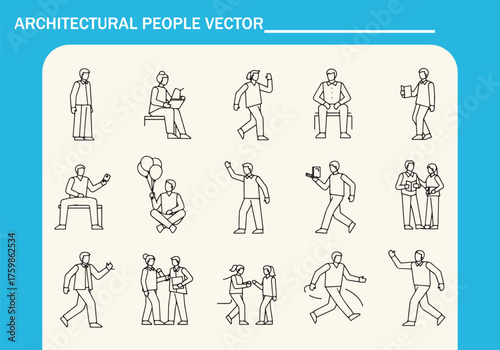 CAD Drawings. Set people outlines isolated on white background. Sitting, walking, dancing, etc. Vector illustration. Architectural Drawings people vector illustration, top view, human person Minimal s