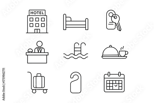 Minimalist hotel amenities icons set for travel and hospitality themes