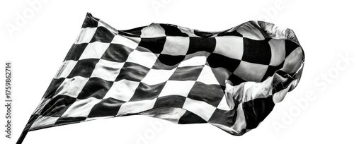 A black and white checkered flag billowing in the wind, a symbol of victory and speed