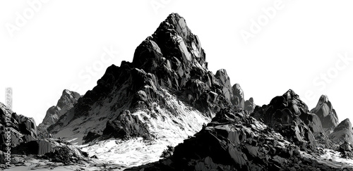 A monochromatic mountainscape. Rugged, jagged peaks jut from snow covered slopes against a black sky
