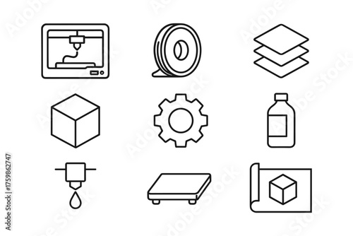 3d printing icons set: flat line design of printer, filament, gears, and blueprints