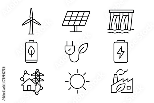 Renewable energy line icons featuring wind, solar, and hydro power with eco-friendly elements