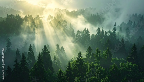 Sunlight bursts through misty forest illuminating lush trees and creating stunning scenery