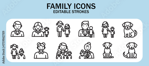 Family line icons set – Includes parents, children, pregnant, elderly and love. Editable stroke. Colored vector illustration.