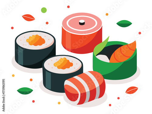 Vector art of a collection of sushi rolls and nigiri arranged on a