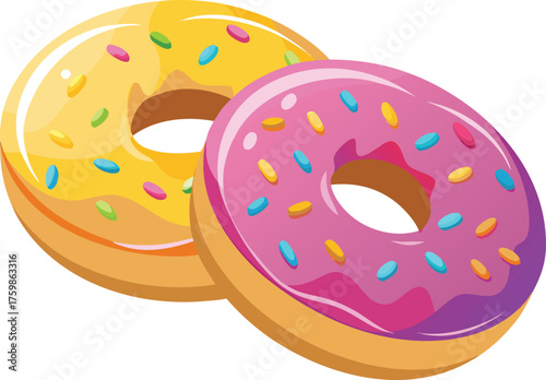 Vector art of two colorful donuts with sprinkles, one yellow and one pink