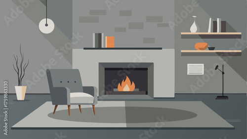 A concrete accent wall in a minimalist living room with a minimalist fireplace and a cozy rug.