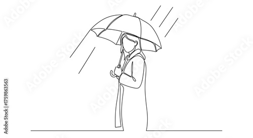 Line art of woman in raincoat holding umbrella in rain weather vector illustration and design element