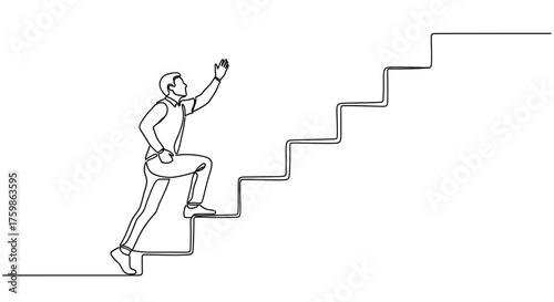 Continuous line drawing of man climbing stairs to success career growth and personal development concept 100 chars