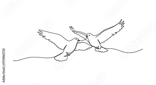Two doves flying together in a single line drawing for peace love and unity vector illustration art