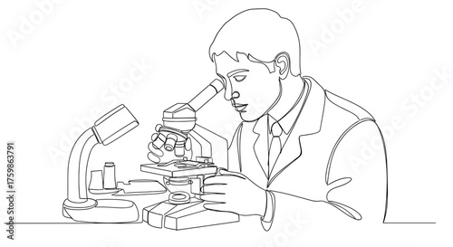 Scientist using microscope in laboratory research for scientific discovery and medical analysis work illustration
