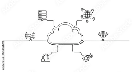 Cloud computing network technology data storage server connection internet security system concept line art 100