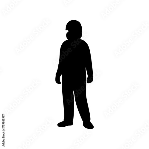 Silhouette of a person wearing a helmet, standing against a white background