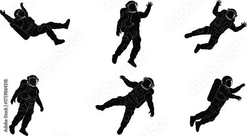 Astronaut Silhouette Vector Set, Zero Gravity Spacewalk Poses, Space Exploration Character Collection, Black and White.