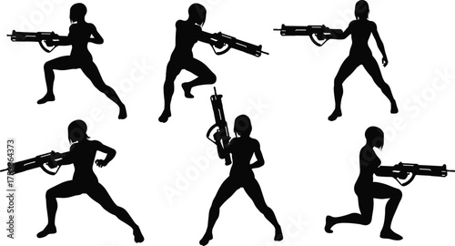 Female Soldier Combat Poses Silhouette Vector, Action Game Character Sprite Sheet with Assault Rifle, Spy Agent Black.