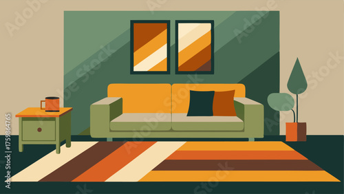 A cozy den with a colorblocked area rug featuring shades of mustard olive green and rust adding warmth and texture to the space.