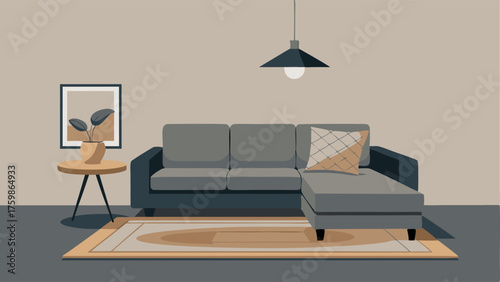 A cozy corner with a gray sectional sofa a jute rug and a black metal pendant light.