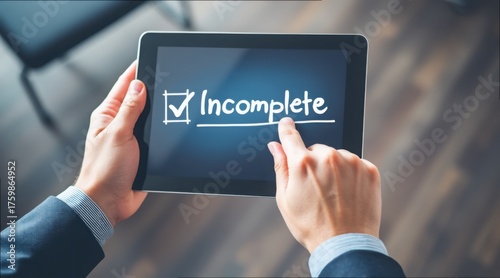 Business Professional Holding Tablet with Incomplete Checklist Marked