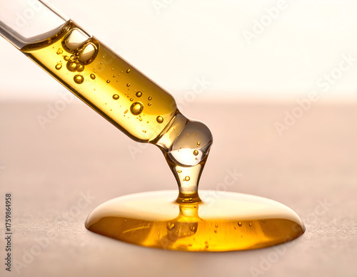 Wallpaper Mural transparent glass dropper releasing golden cosmetic serum on isolated golden yellow and white background. suitable for beauty, face, and body care, skincare products, cosmetic concept. Torontodigital.ca