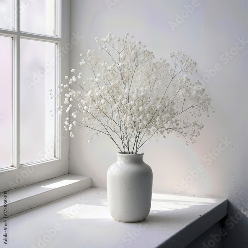 A white vase filled with delicate white gypsophila flowers sits by a window where natural light casts gentle shadows and a faded rainbow, enhancing the serene ambiance 