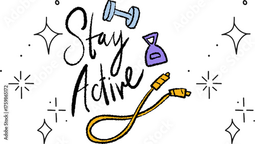 Motivational fitness illustration with dumbbell kettlebell jump rope and stars for exercise motivation goals