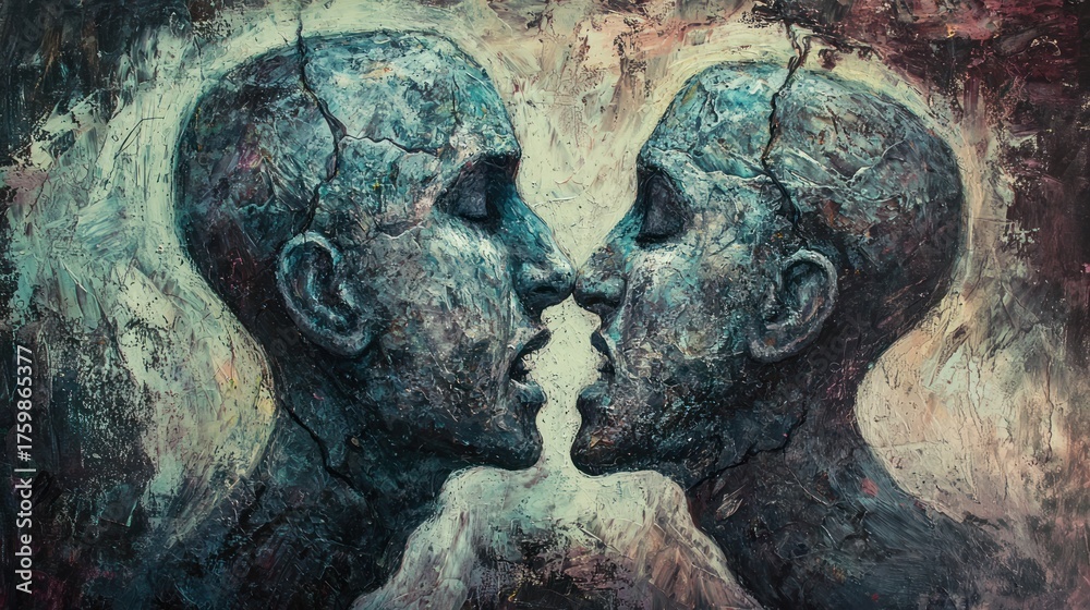 Naklejka premium Abstract Textured Painting of Two Faces Nearing a Kiss, Expressing Emotional Connection and Fragility in a Palette of Blue, Green, and Earthy Tones