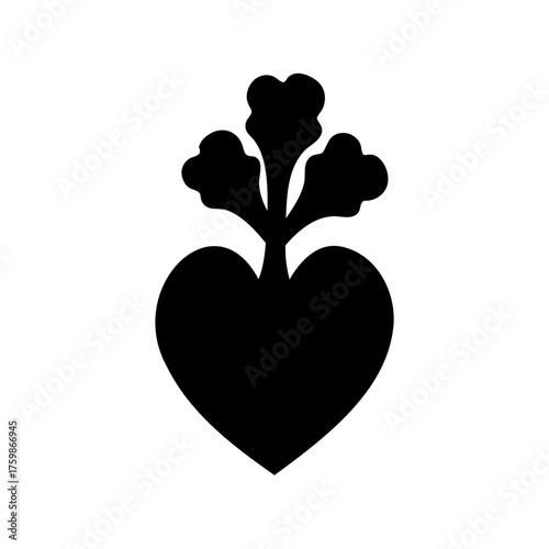 Abstract heart shaped plant silhouette with trefoil top on white background