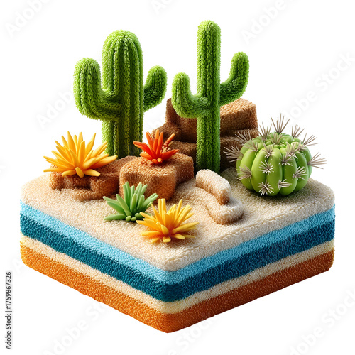 Miniature desert diorama with diverse cacti and arid plants rendered in a tactile layered style