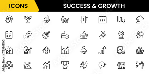 Success and growth web icons inline style. Handshake, growth profit, innovation, increase sale, coaching, progress, strategy, achievement, collection. Vector illustration.