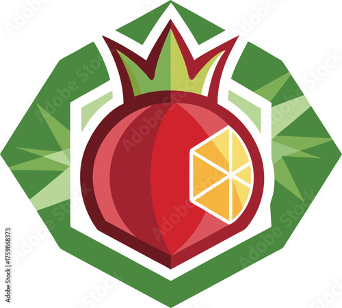 Vector art of stylized red pomegranate with a green hexagonal border and abstract green rays