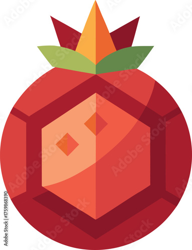 Vector art of flat design illustration of a red pomegranate with geometric facets and a crown