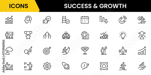 Success and growth web icons inline style. Handshake, growth profit, innovation, increase sale, coaching, progress, strategy, achievement, collection. Vector illustration.