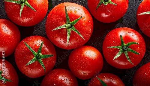 close up tomatoes with water drops top view