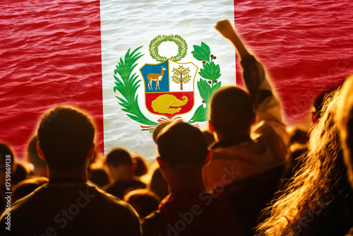 Peru protests over corruption. Crowds clash with police and security forces amid calls for wholesale political change on red Peru flag background