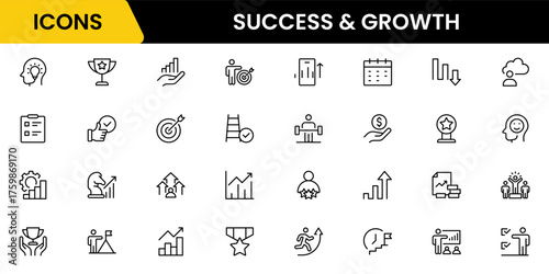Success and growth web icons inline style. Handshake, growth profit, innovation, increase sale, coaching, progress, strategy, achievement, collection. Vector illustration.