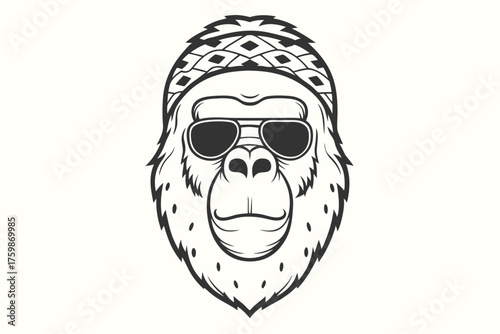 Outlined gorilla wearing patterned headwear and cool sunglasses is displayed in monochrome