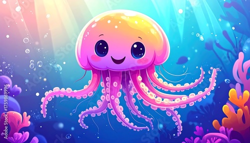 A vibrant cartoon jellyfish swims in a sunlit ocean. Bright colors dominate the scene, with coral, bubbles, and a smiling face