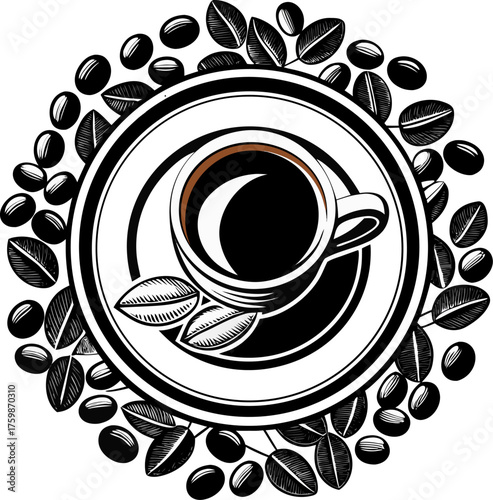  Top view espresso cup with saucer and beans around silhouette  vector black , white background