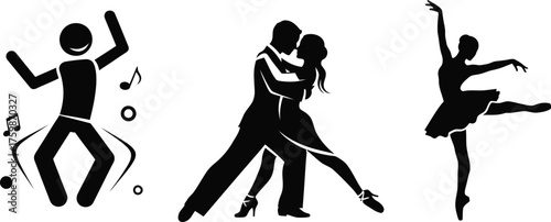 Pictogram dancer stick figure icon set. Black pictogram party dancing people, tango couple, ballet woman. Vector illustration