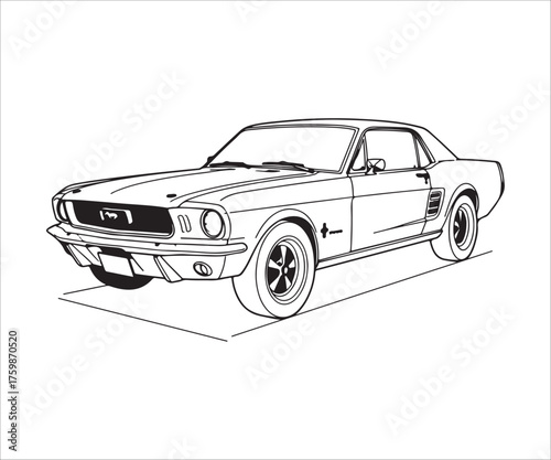 Classic 1967 Ford Mustang Coupe Line Art Illustration Template