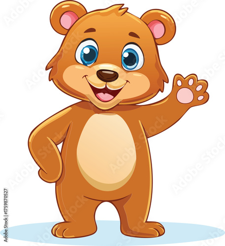 Cute brown bear mascot waving and smiling. Happy animal character in fun cartoon vector illustration style. Easy to resize, transparent background EPS file. Ideal for branding and kids' projects.
